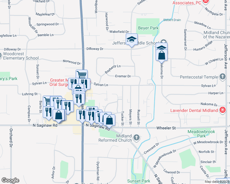 map of restaurants, bars, coffee shops, grocery stores, and more near 1408 Pheasant Ridge Drive in Midland
