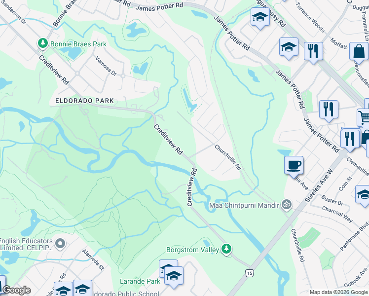 map of restaurants, bars, coffee shops, grocery stores, and more near 8292 Creditview Road in Brampton