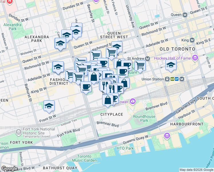 map of restaurants, bars, coffee shops, grocery stores, and more near 263 Wellington Street West in Toronto
