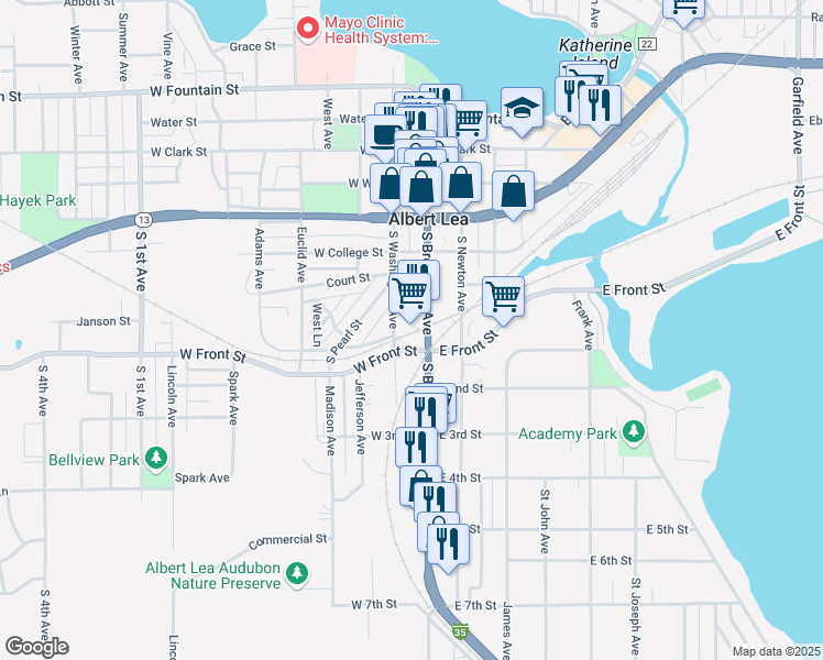 map of restaurants, bars, coffee shops, grocery stores, and more near 606 South Broadway Avenue in Albert Lea