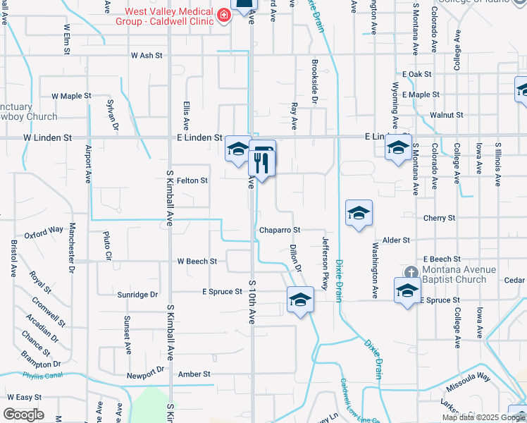 map of restaurants, bars, coffee shops, grocery stores, and more near 503 Chaparro Street in Caldwell