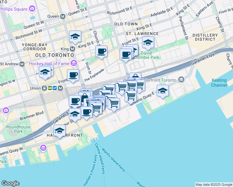 map of restaurants, bars, coffee shops, grocery stores, and more near in Toronto