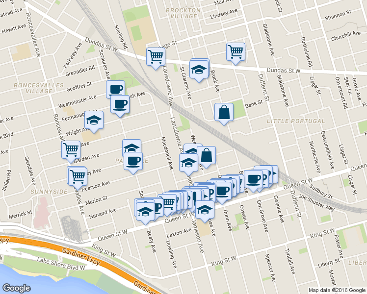 map of restaurants, bars, coffee shops, grocery stores, and more near 108 Lansdowne Avenue in Toronto