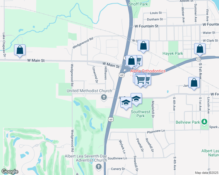 map of restaurants, bars, coffee shops, grocery stores, and more near 602 Bel Aire Drive in Albert Lea