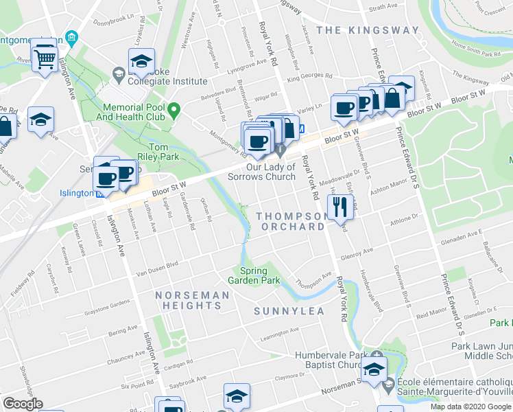 map of restaurants, bars, coffee shops, grocery stores, and more near 60 Thompson Avenue in Toronto