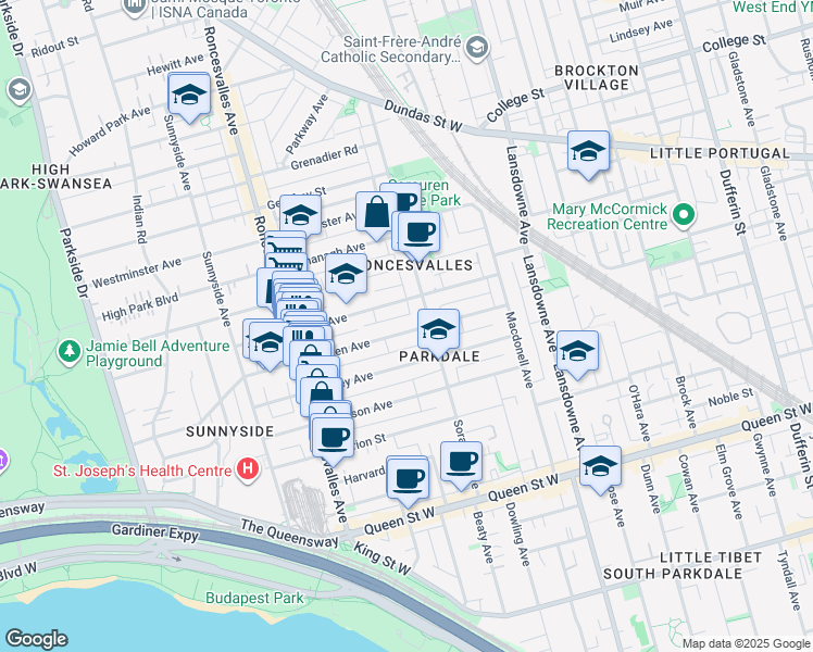 map of restaurants, bars, coffee shops, grocery stores, and more near 74 Garden Avenue in Toronto