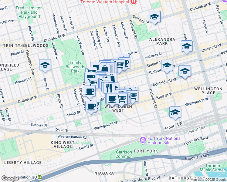 map of restaurants, bars, coffee shops, grocery stores, and more near in Toronto