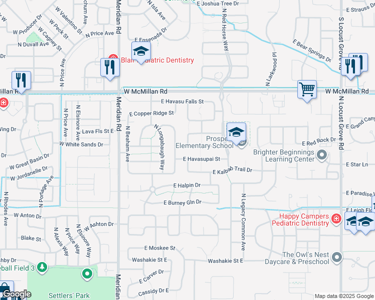 map of restaurants, bars, coffee shops, grocery stores, and more near 519 East Red Rock Drive in Meridian