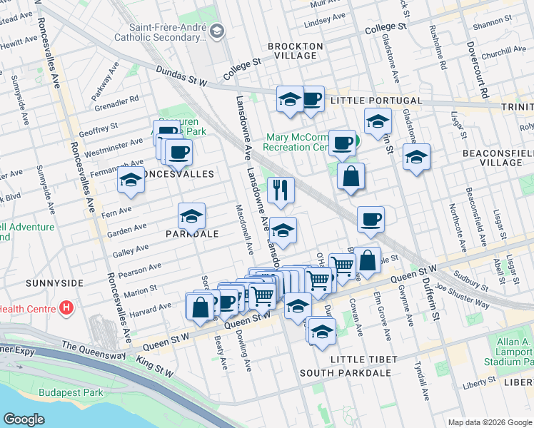 map of restaurants, bars, coffee shops, grocery stores, and more near 123 Lansdowne Avenue in Toronto