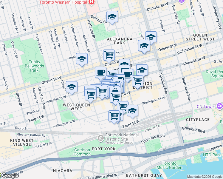 map of restaurants, bars, coffee shops, grocery stores, and more near 111 Bathurst Street in Toronto