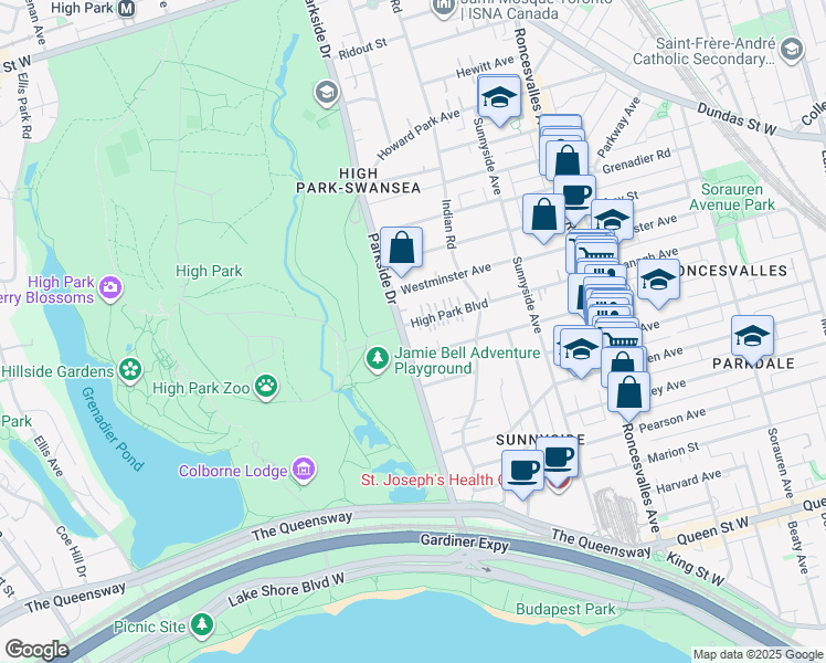 map of restaurants, bars, coffee shops, grocery stores, and more near 75 High Park Boulevard in Toronto