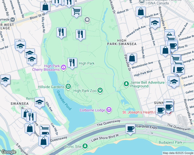 map of restaurants, bars, coffee shops, grocery stores, and more near 1873 Bloor Street West in Toronto