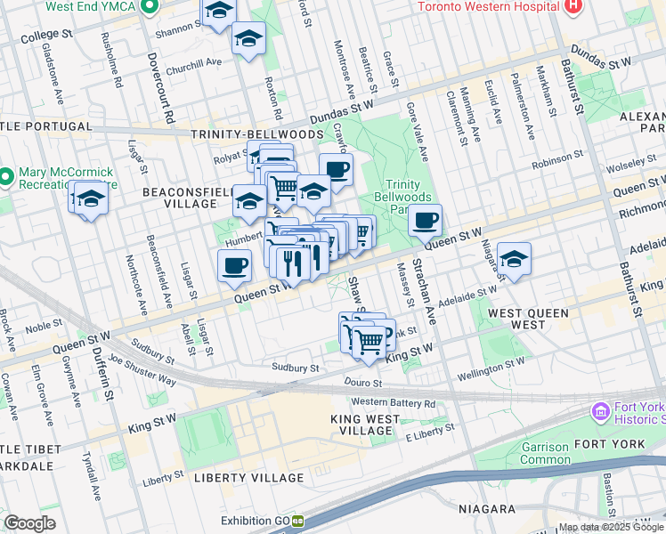 map of restaurants, bars, coffee shops, grocery stores, and more near 960 Queen Street West in Toronto