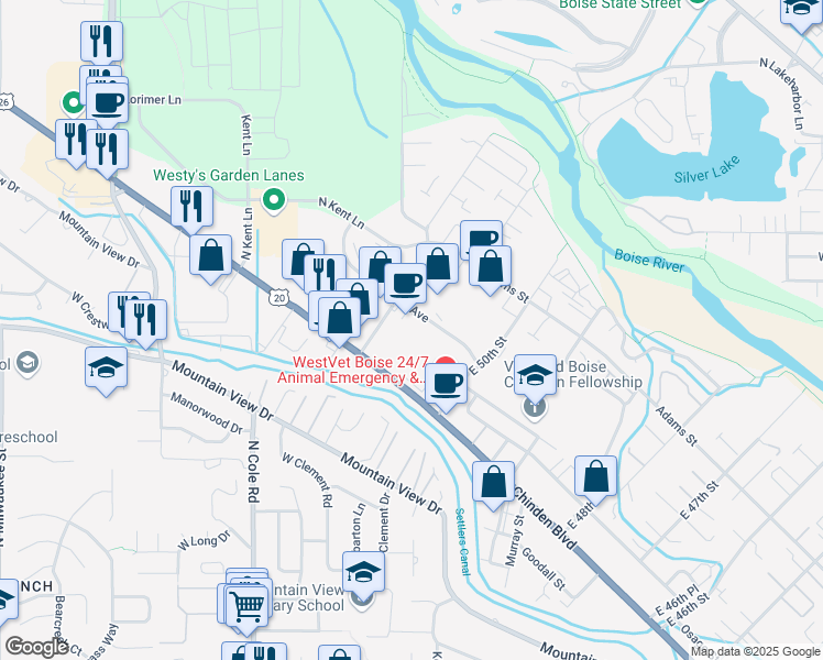 map of restaurants, bars, coffee shops, grocery stores, and more near 5102 West Chinden Boulevard in Boise