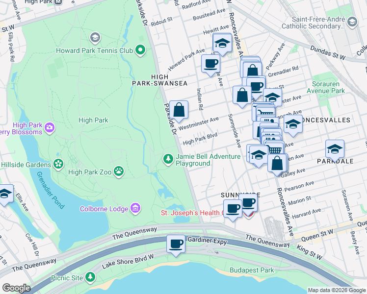map of restaurants, bars, coffee shops, grocery stores, and more near 75 High Park Boulevard in Toronto