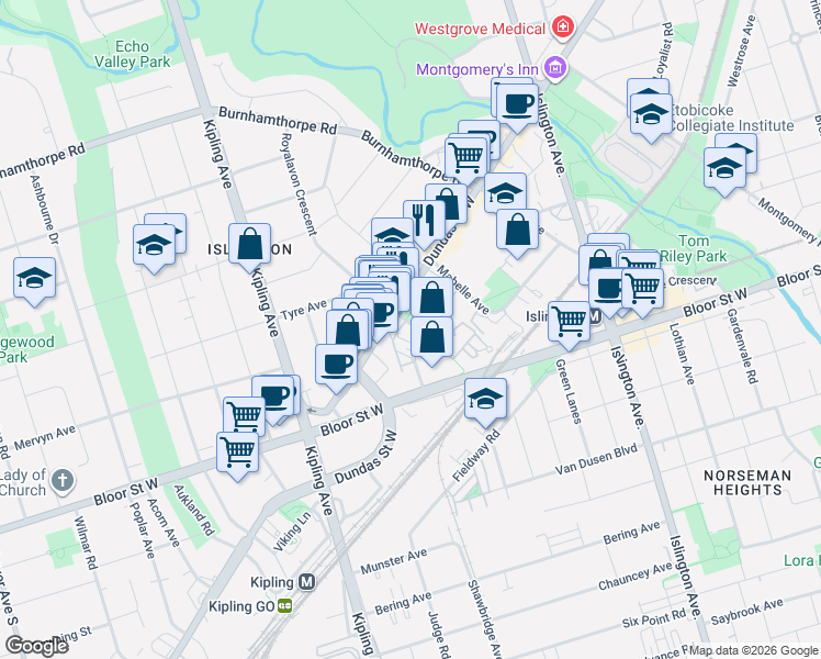 map of restaurants, bars, coffee shops, grocery stores, and more near 30 Michael Power Place in Toronto