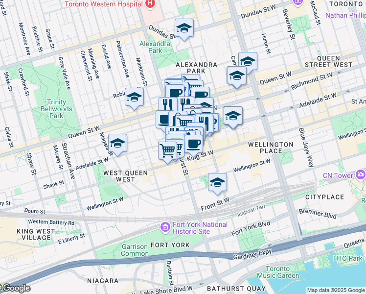 map of restaurants, bars, coffee shops, grocery stores, and more near 111 Bathurst Street in Toronto