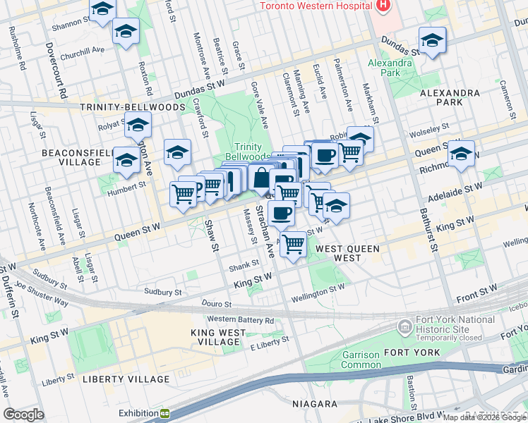 map of restaurants, bars, coffee shops, grocery stores, and more near 177 Strachan Avenue in Toronto