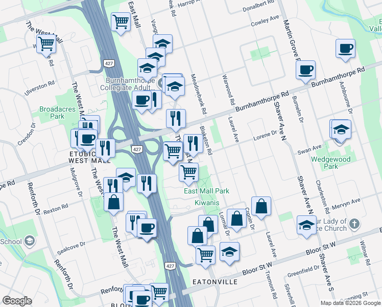 map of restaurants, bars, coffee shops, grocery stores, and more near 385 The East Mall in Toronto