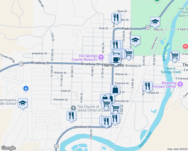 map of restaurants, bars, coffee shops, grocery stores, and more near 741 Broadway St in Thermopolis