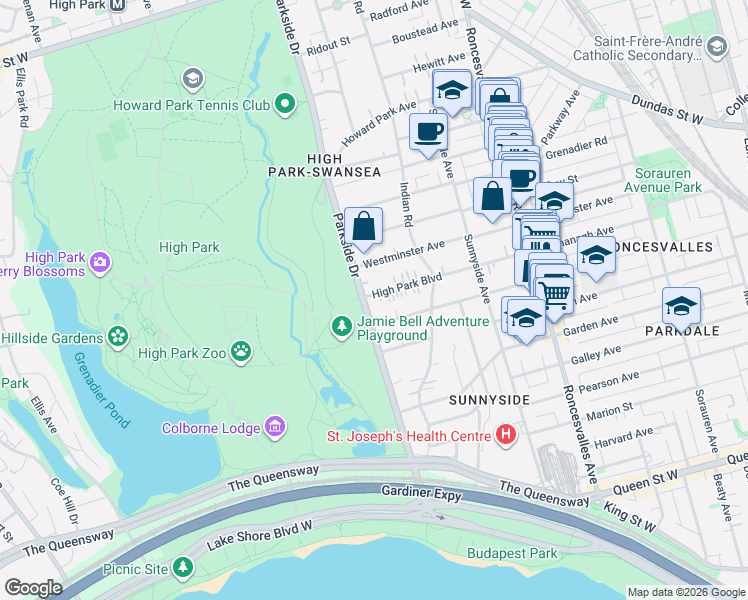 map of restaurants, bars, coffee shops, grocery stores, and more near 75 High Park Boulevard in Toronto
