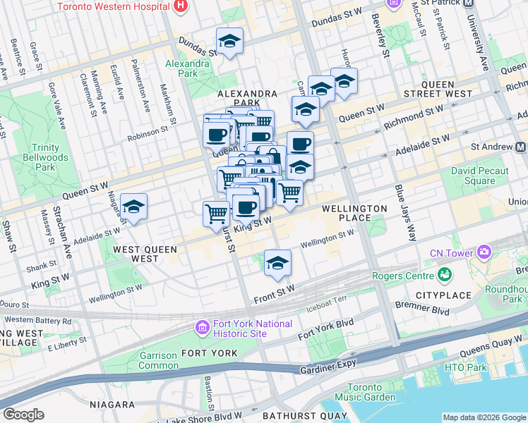map of restaurants, bars, coffee shops, grocery stores, and more near 86 Portland Street in Toronto