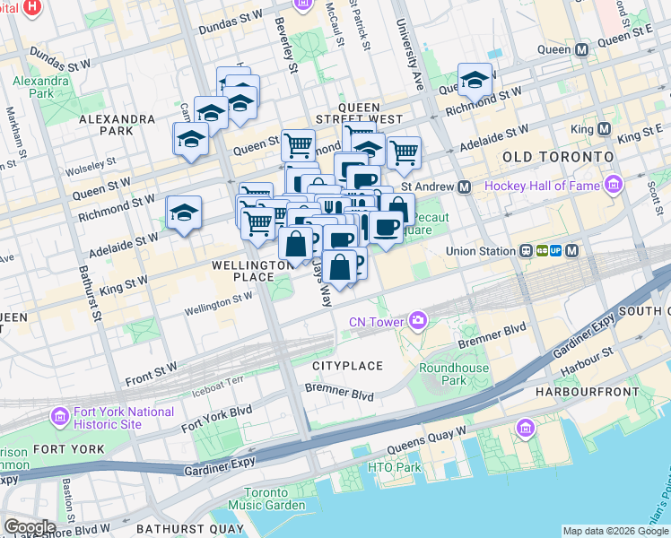 map of restaurants, bars, coffee shops, grocery stores, and more near 263 Wellington Street West in Toronto