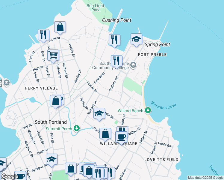 map of restaurants, bars, coffee shops, grocery stores, and more near 54 Surfsite Road in South Portland