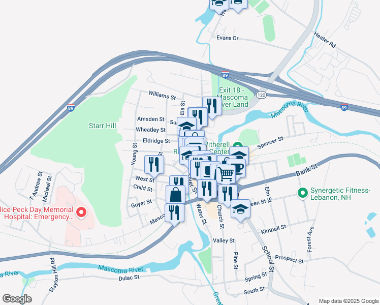 map of restaurants, bars, coffee shops, grocery stores, and more near 15 Eldridge Street in Lebanon