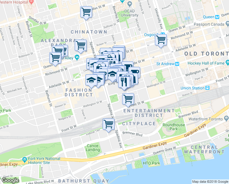 map of restaurants, bars, coffee shops, grocery stores, and more near 6 Clarence Square in Toronto