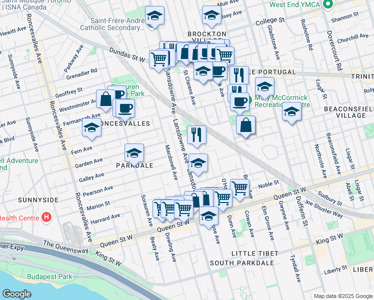 map of restaurants, bars, coffee shops, grocery stores, and more near in Toronto