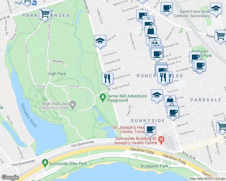map of restaurants, bars, coffee shops, grocery stores, and more near in Toronto
