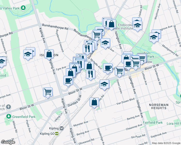 map of restaurants, bars, coffee shops, grocery stores, and more near in Toronto