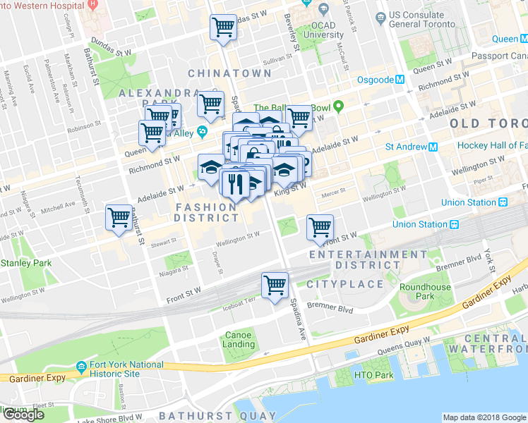 map of restaurants, bars, coffee shops, grocery stores, and more near 60 Spadina Avenue in Toronto