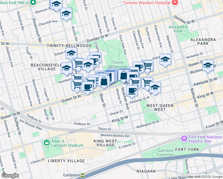 map of restaurants, bars, coffee shops, grocery stores, and more near 955 Queen Street West in Toronto