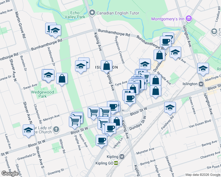 map of restaurants, bars, coffee shops, grocery stores, and more near 1016 Kipling Avenue in Toronto