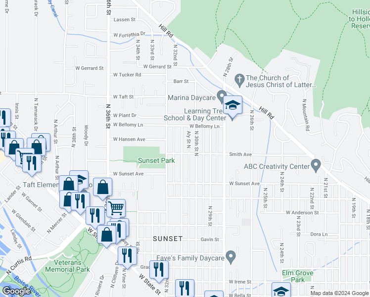 map of restaurants, bars, coffee shops, grocery stores, and more near 2708 North 31st Street in Boise