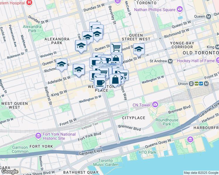 map of restaurants, bars, coffee shops, grocery stores, and more near 6 Clarence Square in Toronto