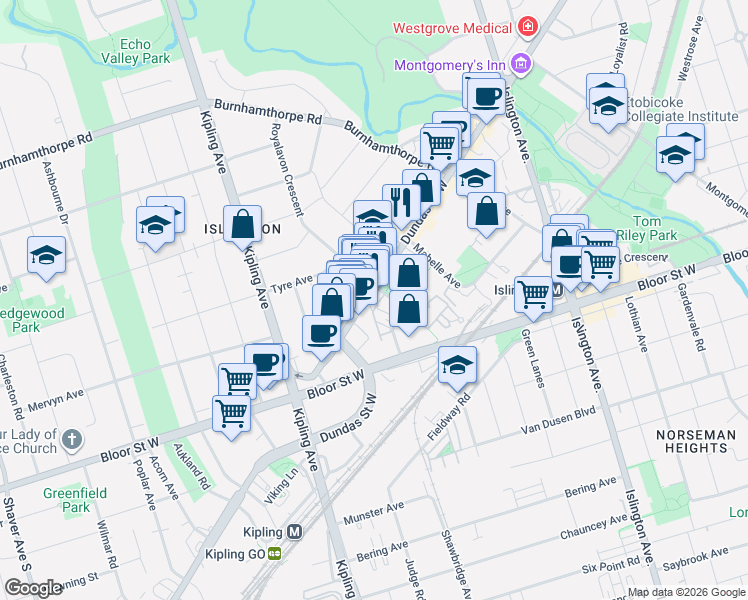 map of restaurants, bars, coffee shops, grocery stores, and more near 5101 Dundas Street West in Toronto