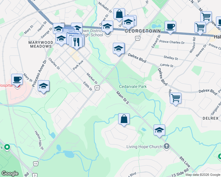 map of restaurants, bars, coffee shops, grocery stores, and more near 190 Main Street South in Halton Hills