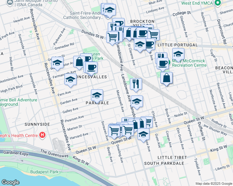 map of restaurants, bars, coffee shops, grocery stores, and more near 152 Macdonell Avenue in Toronto