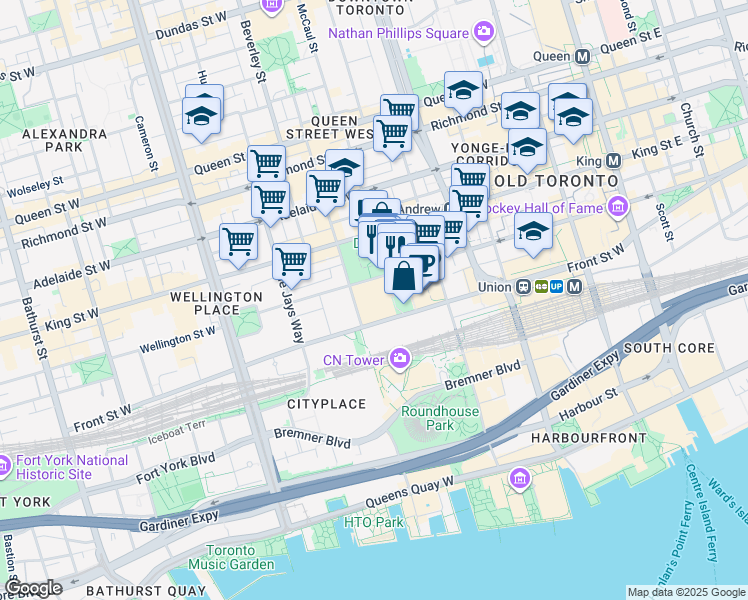 map of restaurants, bars, coffee shops, grocery stores, and more near in Toronto
