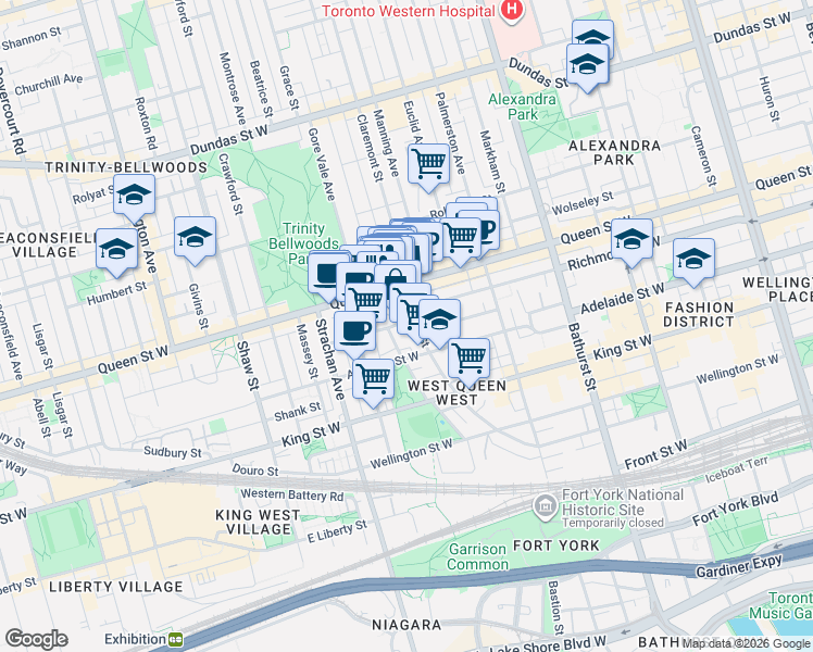 map of restaurants, bars, coffee shops, grocery stores, and more near 267 Niagara Street in Toronto