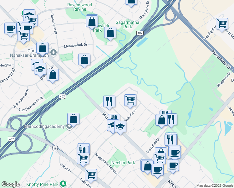 map of restaurants, bars, coffee shops, grocery stores, and more near 7421 Saint Barbara Boulevard in Mississauga