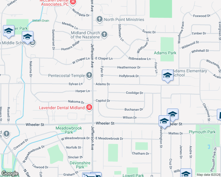 map of restaurants, bars, coffee shops, grocery stores, and more near 207 Adams Drive in Midland