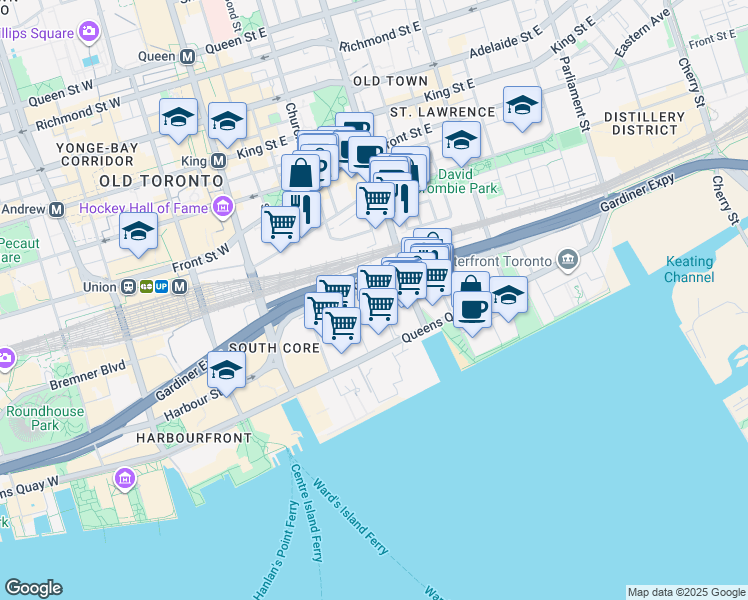 map of restaurants, bars, coffee shops, grocery stores, and more near in Toronto