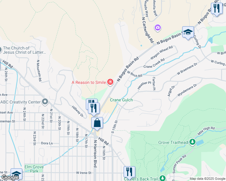 map of restaurants, bars, coffee shops, grocery stores, and more near 2818 North Bogus Basin Road in Boise