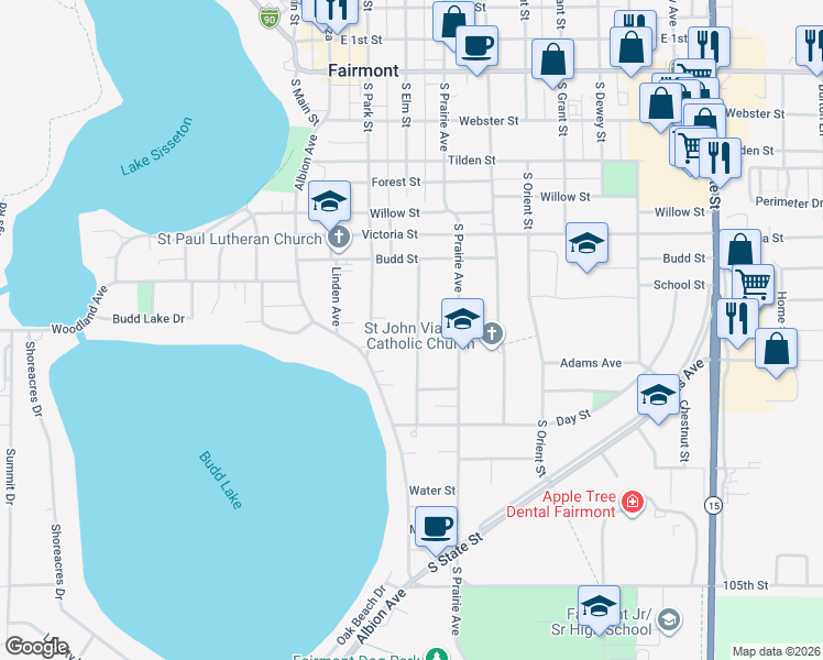 map of restaurants, bars, coffee shops, grocery stores, and more near 856 Redwood Drive in Fairmont