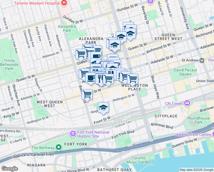 map of restaurants, bars, coffee shops, grocery stores, and more near 560 King Street West in Toronto