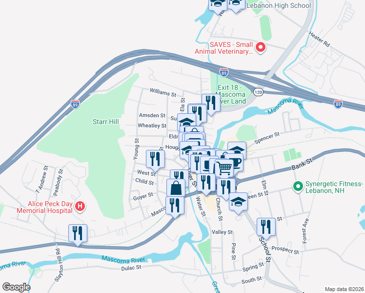 map of restaurants, bars, coffee shops, grocery stores, and more near 15 Eldridge Street in Lebanon